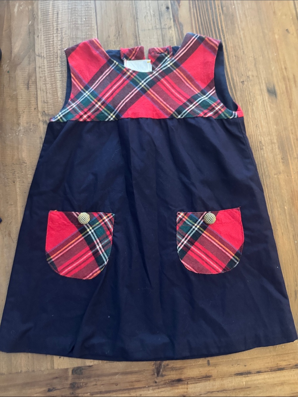 The Beaufort Bonnet Company Navy Dress with Red Plaid Yoke and Pockets